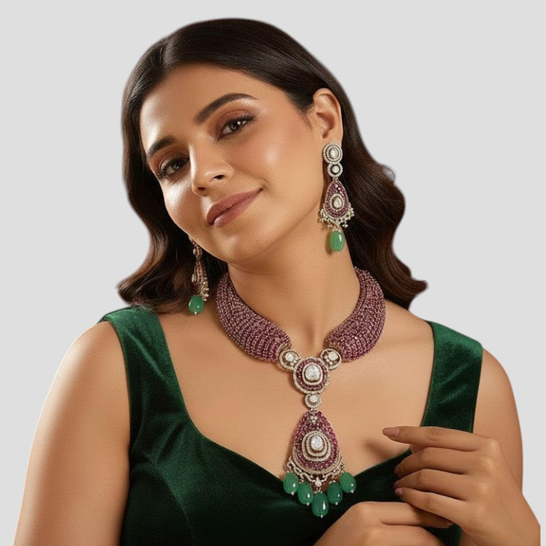 Bridal Gold-Plated Pink Stone & Green Bead Kundan Necklace & Earrings Jewellery Set