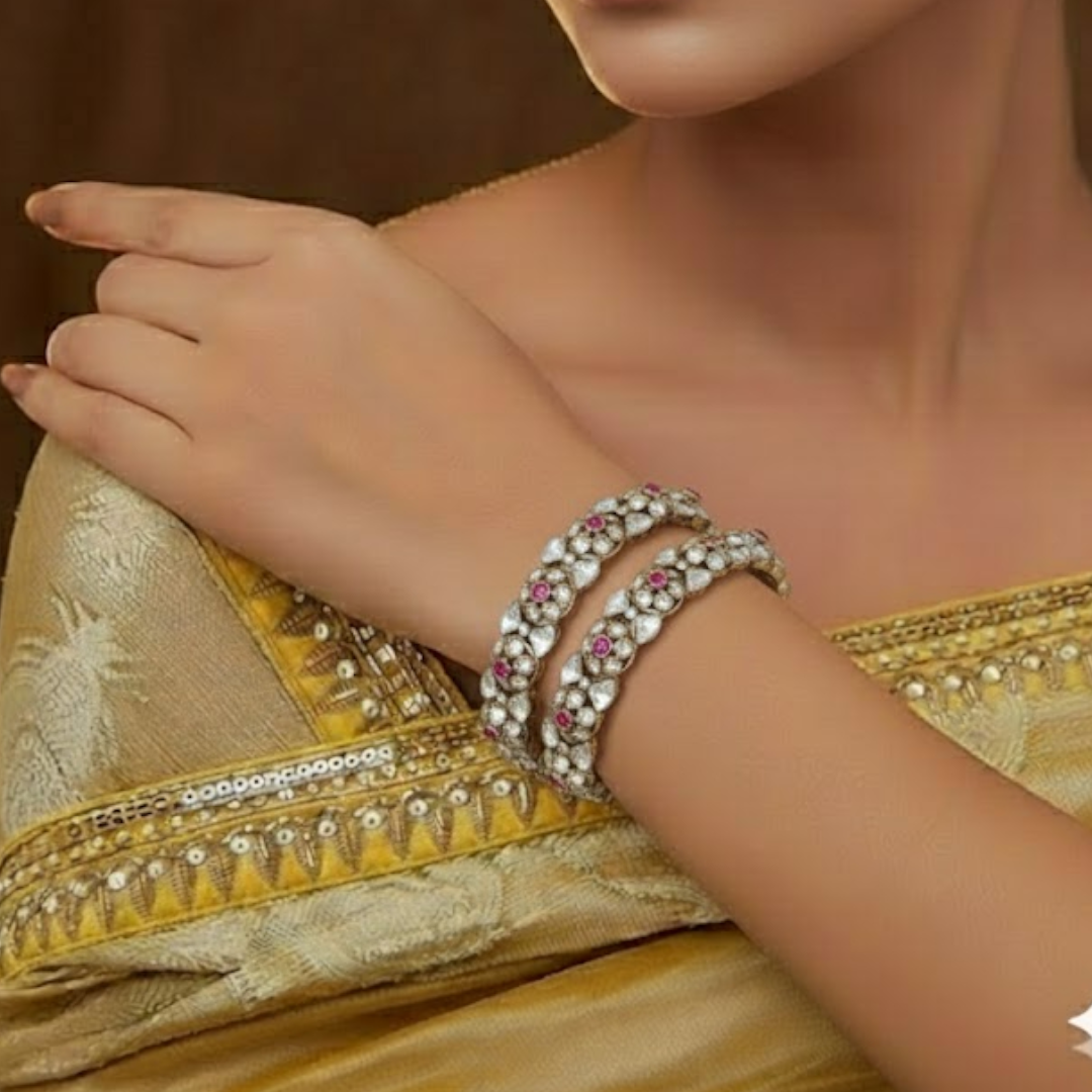 Royal Kundan and ruby gold-plated bangles with white stones – traditional bridal kada set for women