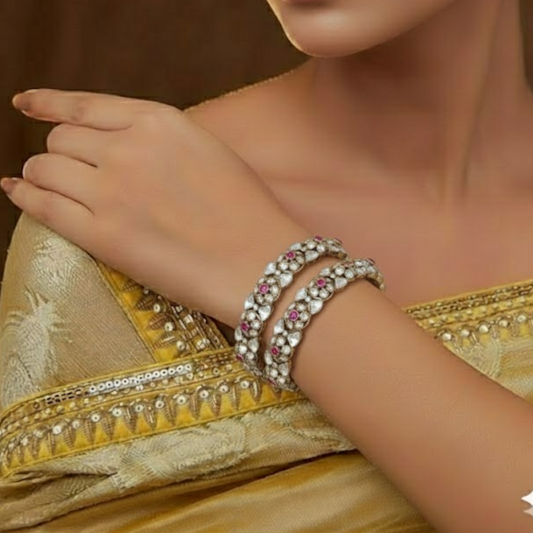 Royal Kundan and ruby gold-plated bangles with white stones – traditional bridal kada set for women