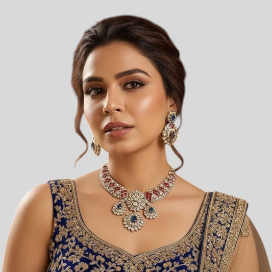 Premium Gold-Plated Kundan Necklace Set with Pink, Blue & Green Stones for Women