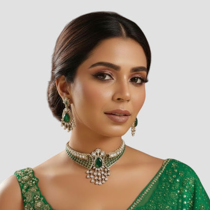 “Gold-plated green stone Kundan choker necklace set with dangling drops”