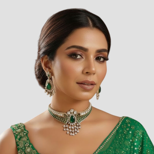 “Gold-plated green stone Kundan choker necklace set with dangling drops”