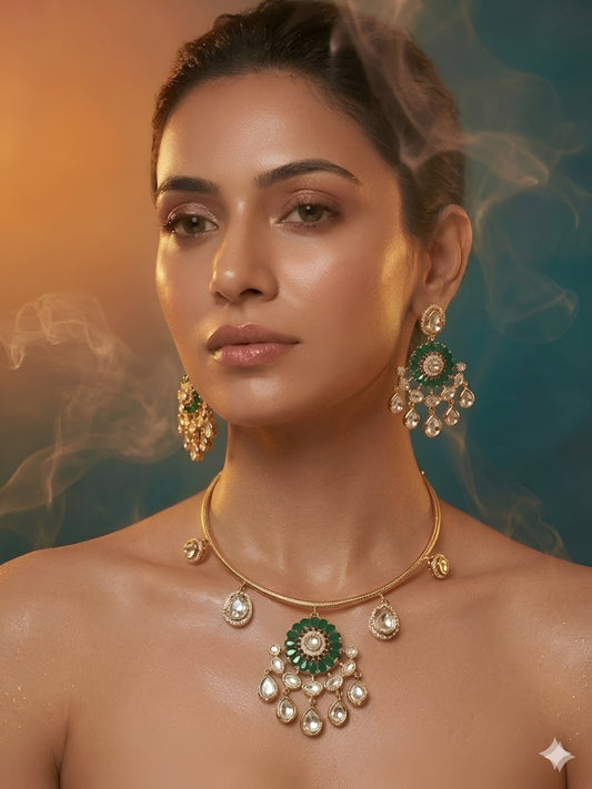 Green Stone Gold Plated Choker Necklace Set with Matching Earrings for Women