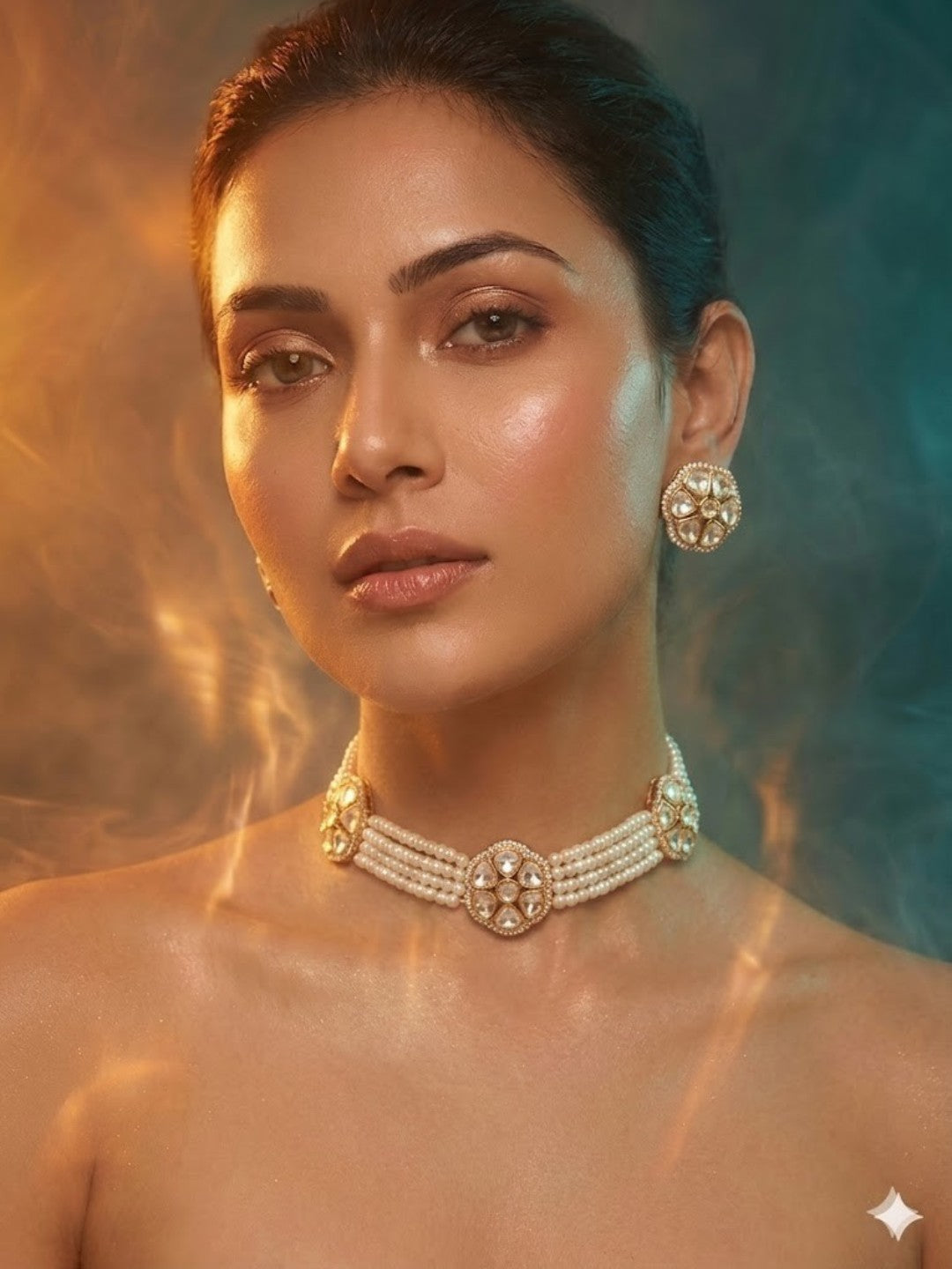 Kundan pearl choker necklace set with matching earrings on white background