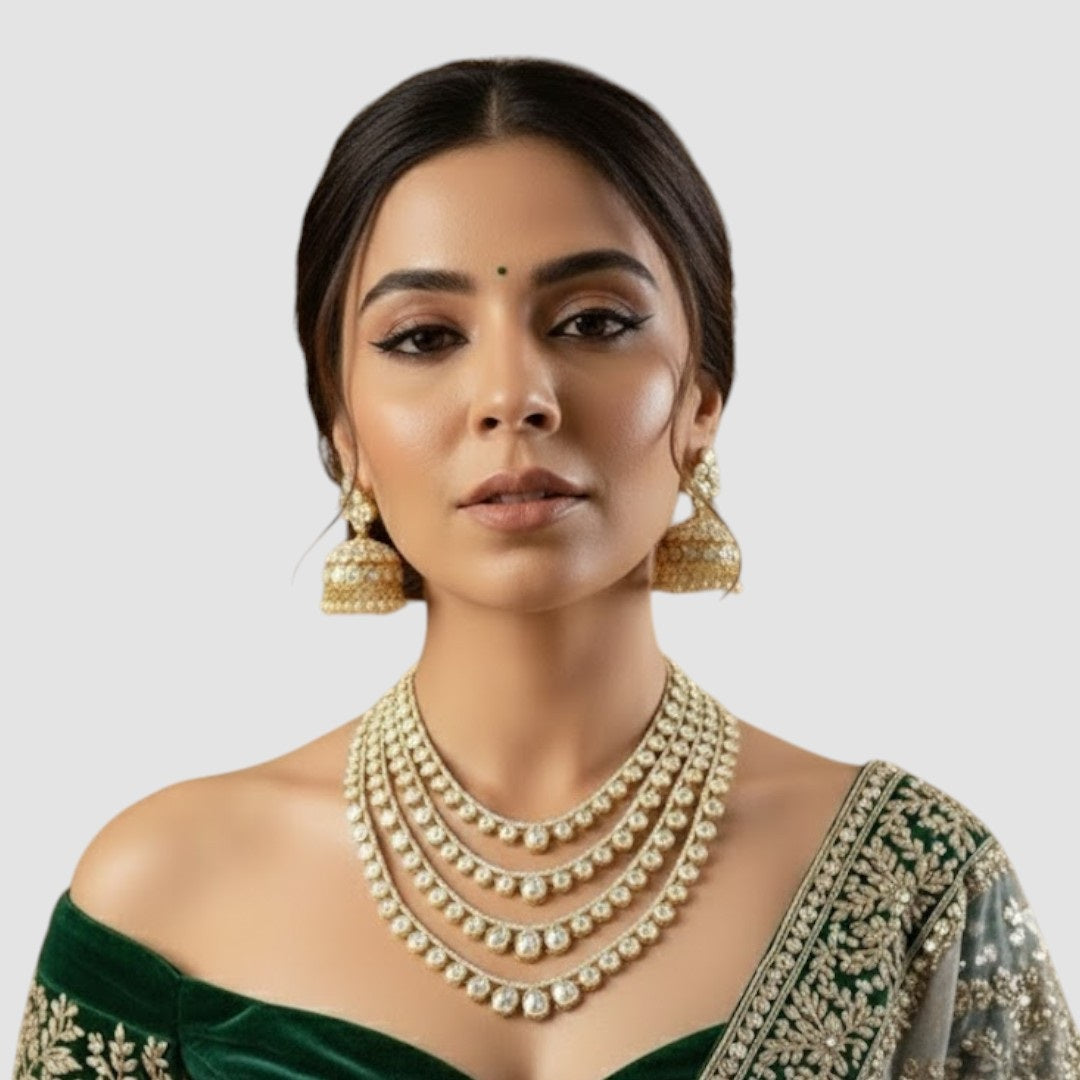 Gold-plated multi-layered Kundan necklace set with matching jhumka earrings”