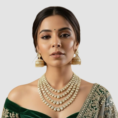 Gold-plated multi-layered Kundan necklace set with matching jhumka earrings”
