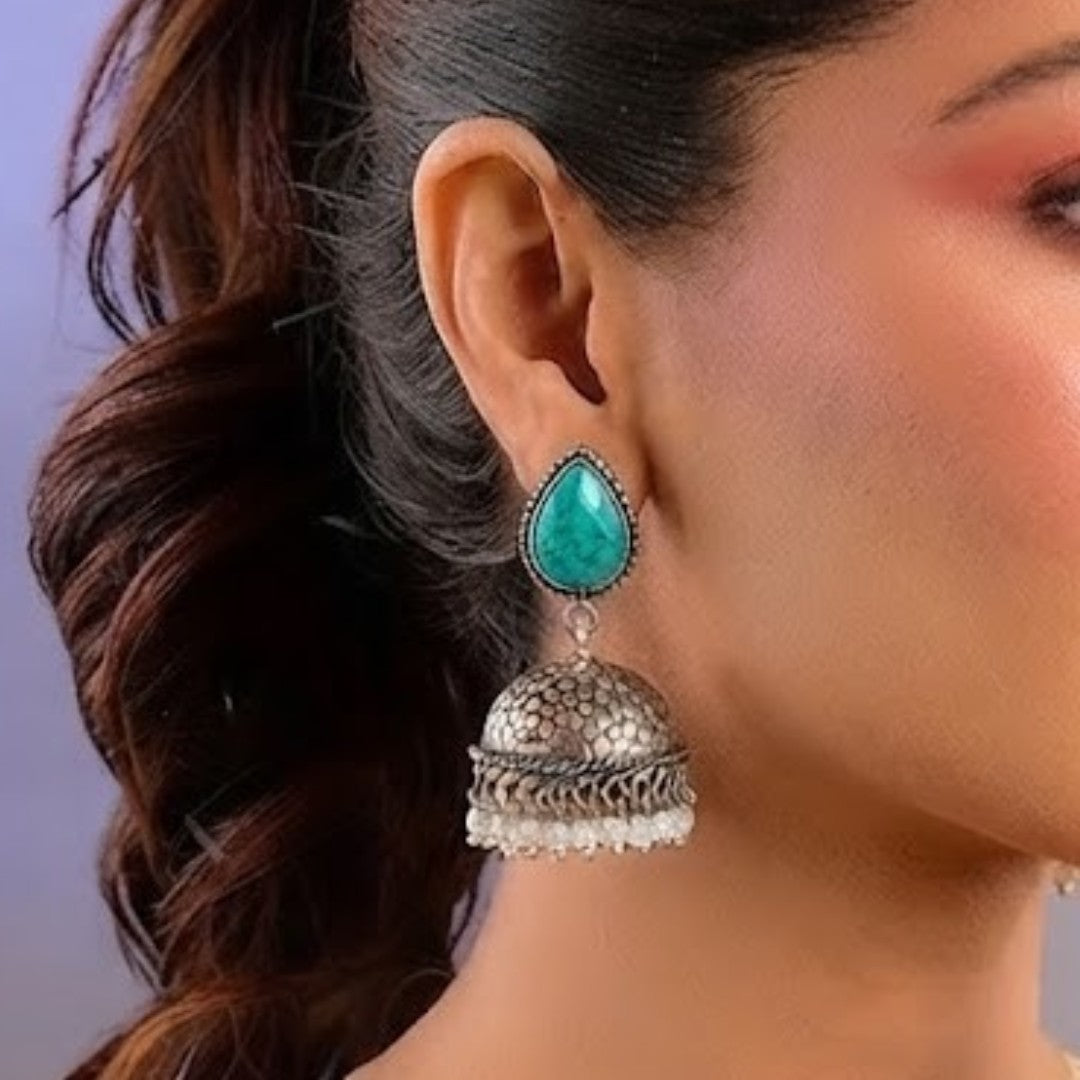 Turquoise Stone Oxidised Silver Jhumka Earrings for Women