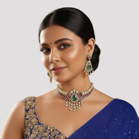 Gold-Plated Ruby & Emerald Choker Necklace Set with Kundan Stones for Women