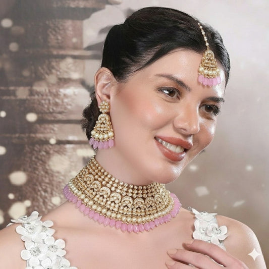 Kundan Pearl Bridal Necklace Set with Pink Beads & Maang Tikka
