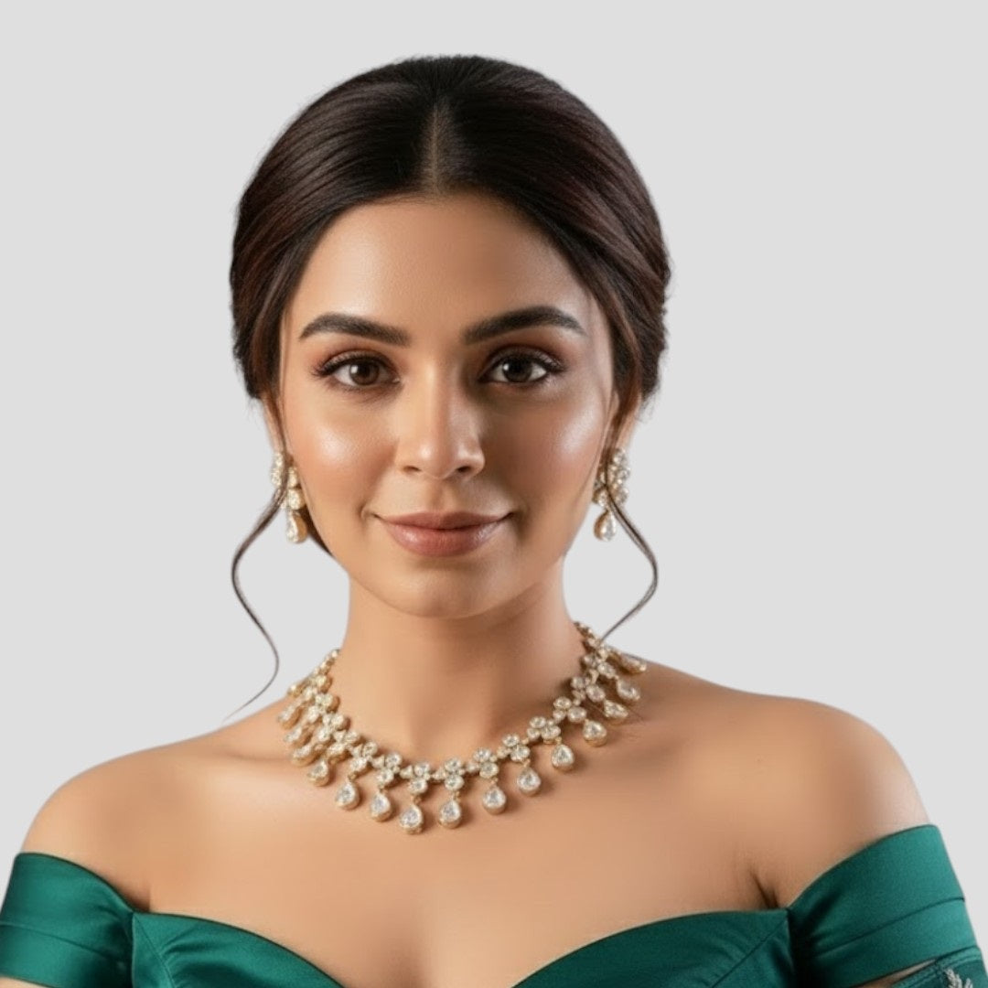 “Gold-plated crystal drop necklace set with matching multi-stone earrings for women.”