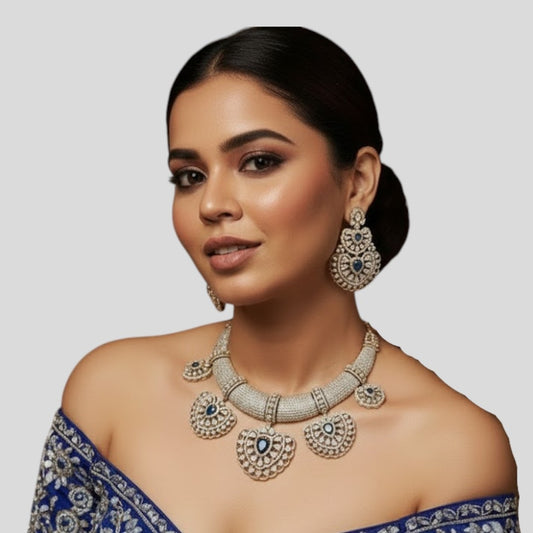 Royal Blue Stone Studded Bridal Necklace Set with Matching Earrings
