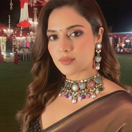 Multicolor Kundan Choker Necklace Set with Earrings - Auraa Trends