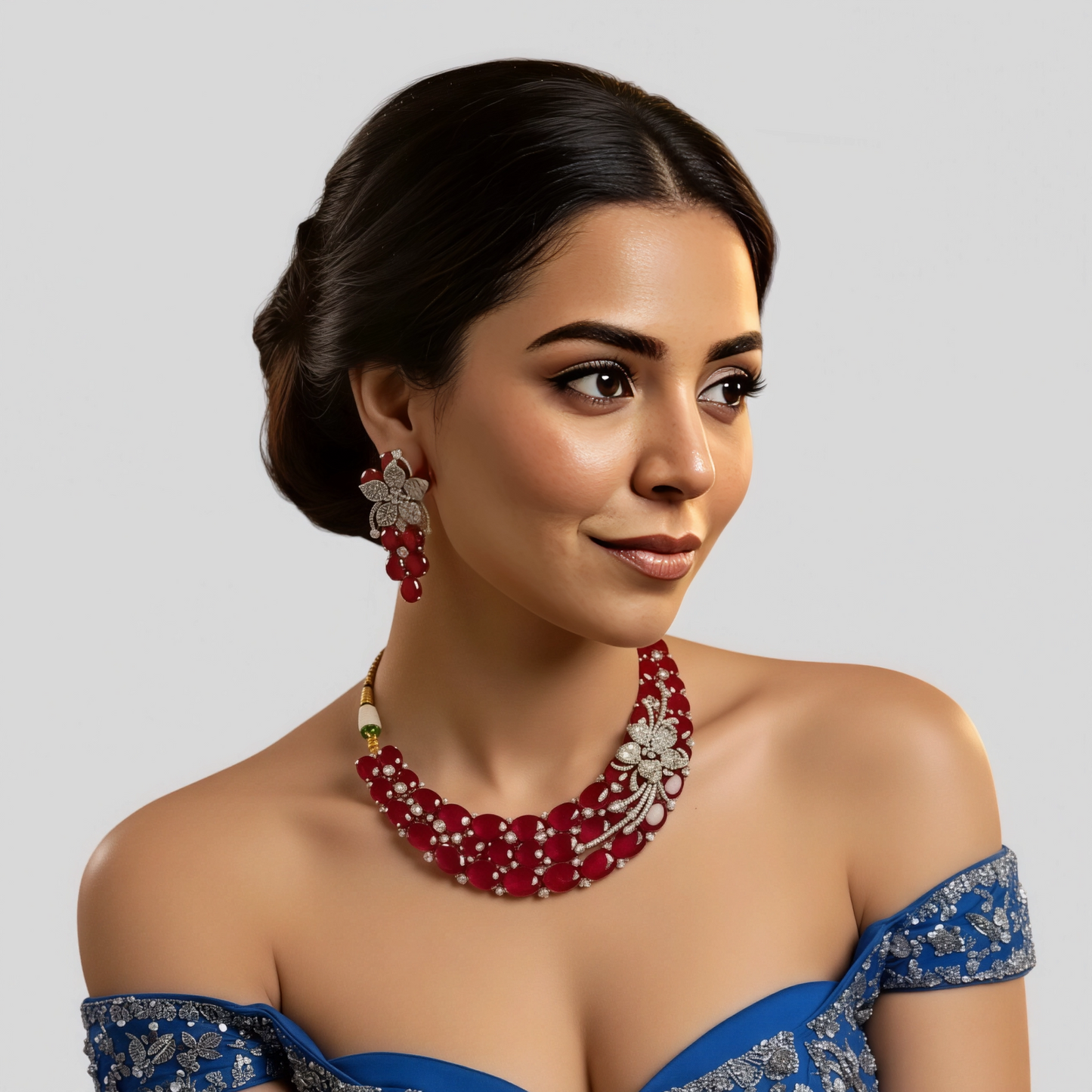 Red Stone Studded Floral Design Silver Polish Necklace Set with Earrings