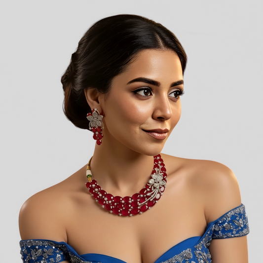 Red Stone Studded Floral Design Silver Polish Necklace Set with Earrings