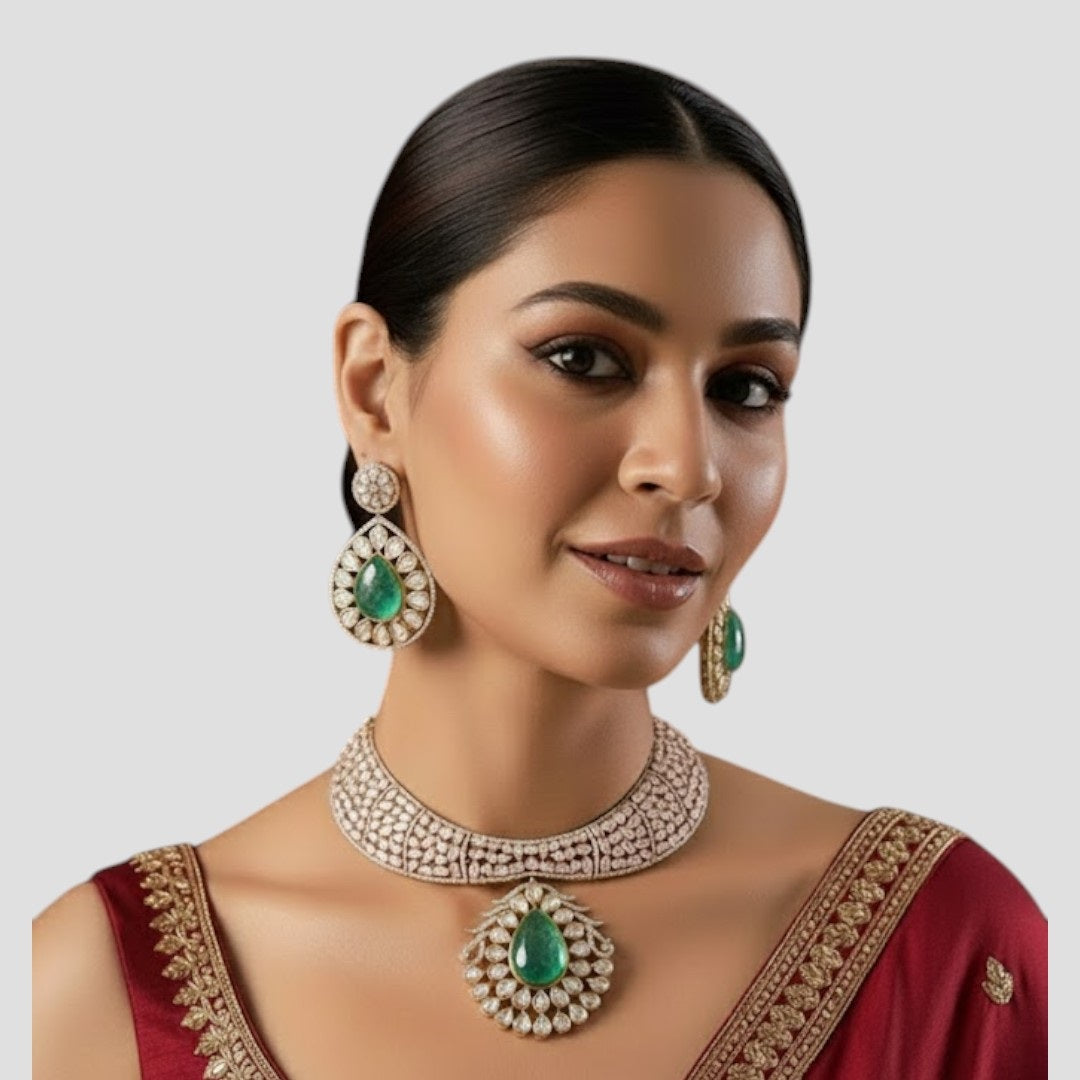 “Gold-plated Kundan choker necklace set with green stone pendant and matching earrings”