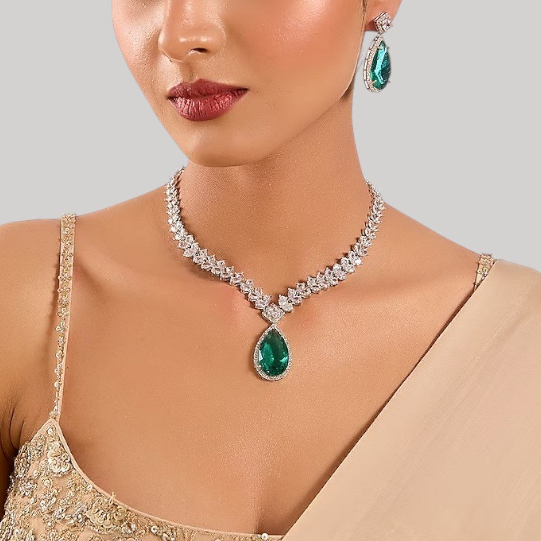 Emerald Green Teardrop Necklace Set with Matching Earrings