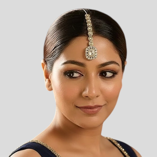 Gold-Plated Kundan Maang Tikka with Round Stone Detailing for Women