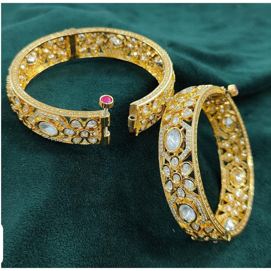 Carat polish gold-plated openable stone-studded bangles with intricate floral design – traditional bridal and festive jewelry"