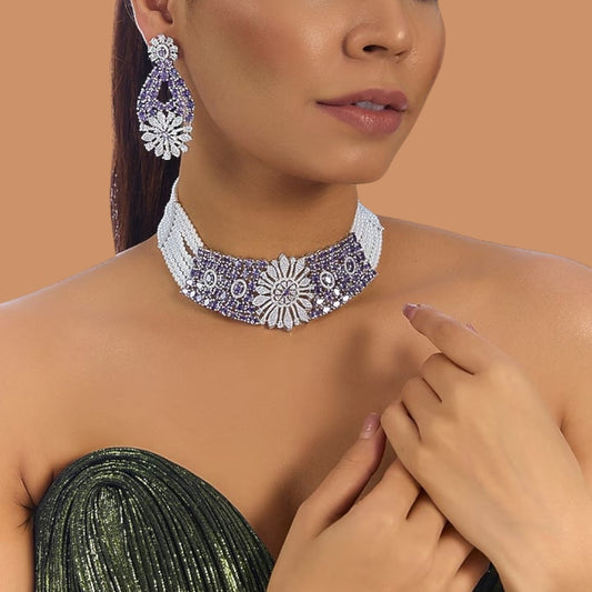 “Elegant purple stone and pearl floral choker necklace set with matching earrings for women”
