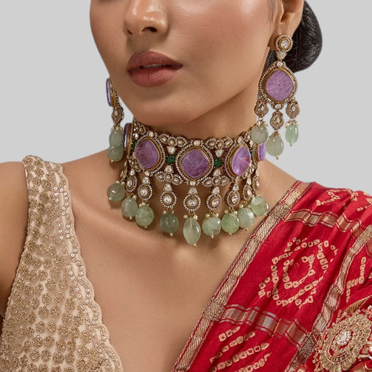 Lavender Stone and Mint Green Beaded Kundan Choker Necklace Set with Earrings