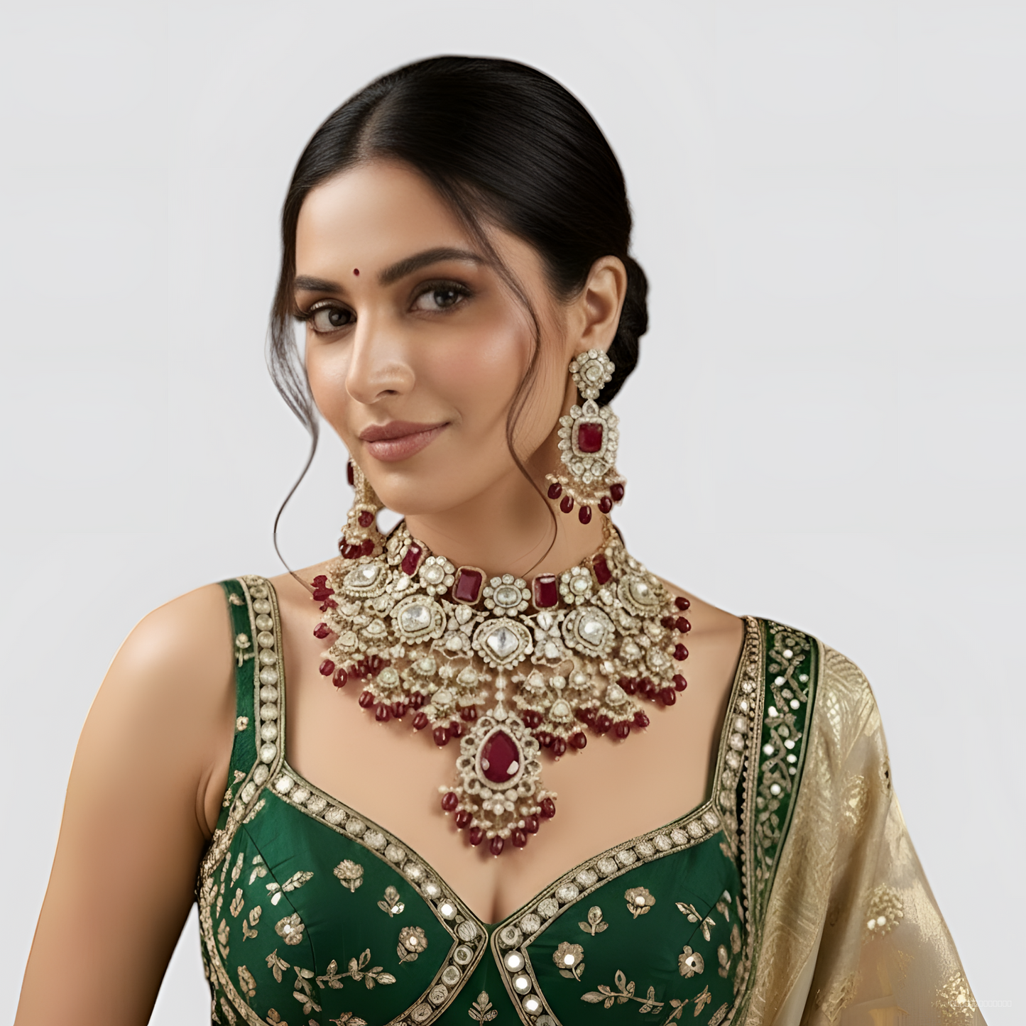 Bridal Kundan Necklace Set with Red Stones – Heavy Choker with Earrings