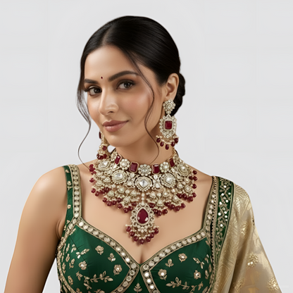 Bridal Kundan Necklace Set with Red Stones – Heavy Choker with Earrings
