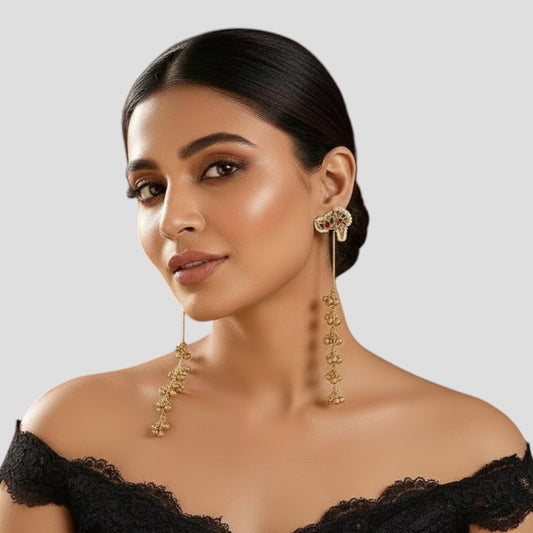 Gold-plated long chain jhumka earrings with multicolor stud and ghungroo drops on a white background