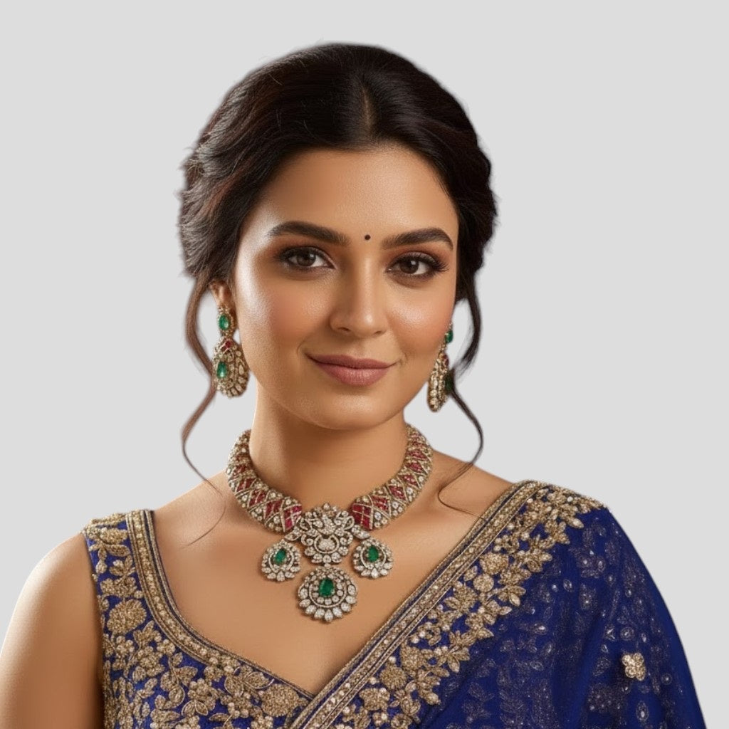 "Traditional Kundan bridal jewelry set with a gold-toned necklace featuring ruby and emerald stones, paired with matching earrings."