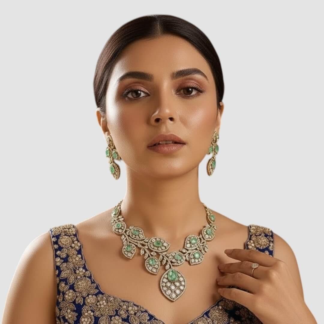 Elegant Mint Green & White Stone Leaf-Design Necklace Set with Matching Earrings - Auraa Trends