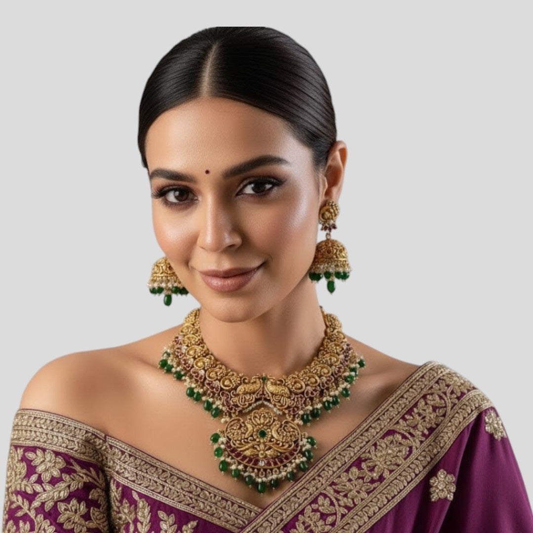 “Gold-plated South Indian temple necklace set with ruby stones, green beads, pearl detailing and matching jhumka earrings.”
