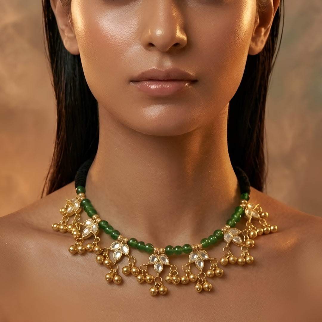 Traditional Gold-Plated Green Beaded Kundan Choker Necklace for Women