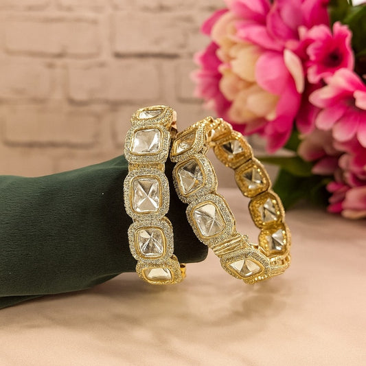 Premium Gold-Plated Kundan Bangles with Square Polki Stones