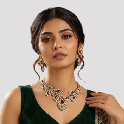 Elegant red and white stone necklace set with matching earrings, featuring a leaf-inspired design.