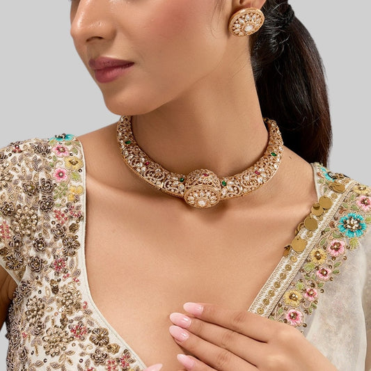 Antique Gold Kundan Choker Belt Necklace Set with Round Stud Earrings