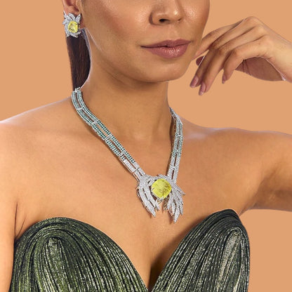 Luxury silver plated necklace set with yellow gemstone and matching earrings