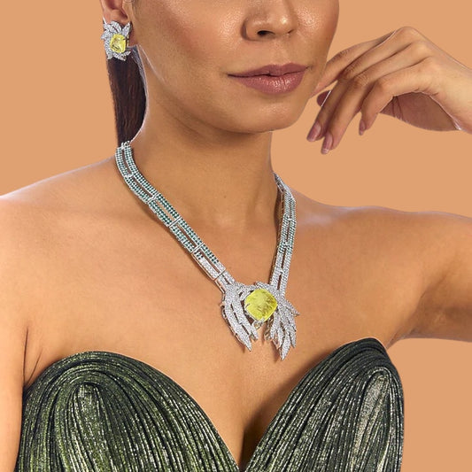 Luxury silver plated necklace set with yellow gemstone and matching earrings