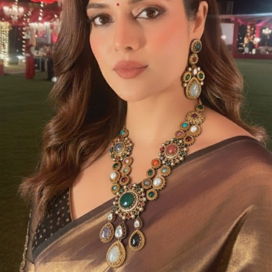 Grand Multicolor Temple Style Kundan Necklace Set