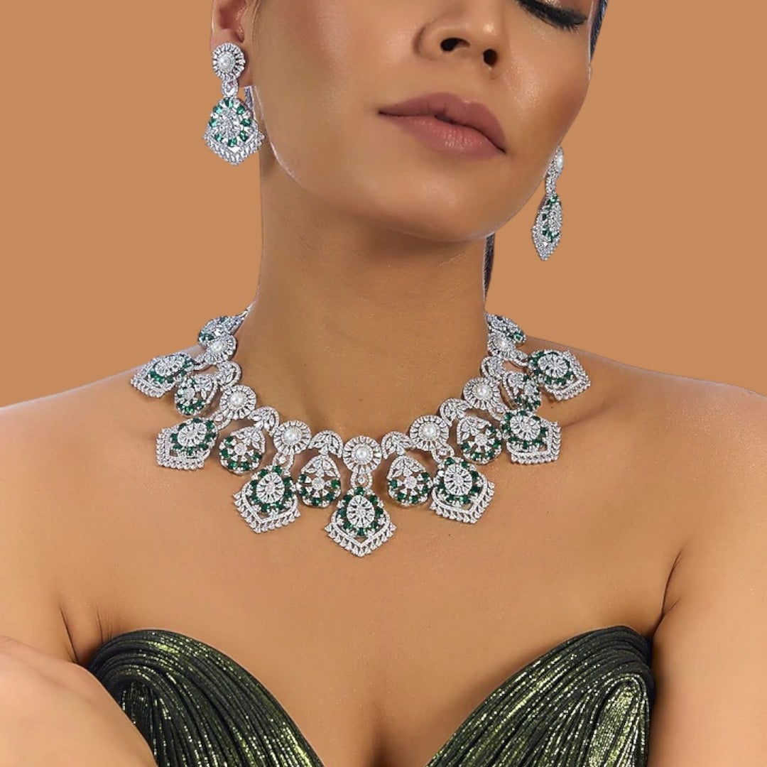 Silver and Green CZ Stone-Plated Designer Necklace Set with Matching Earrings for Women