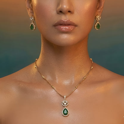 Gold-Plated Emerald Green Teardrop Crystal Pendant Necklace Set with Matching Earrings for Women