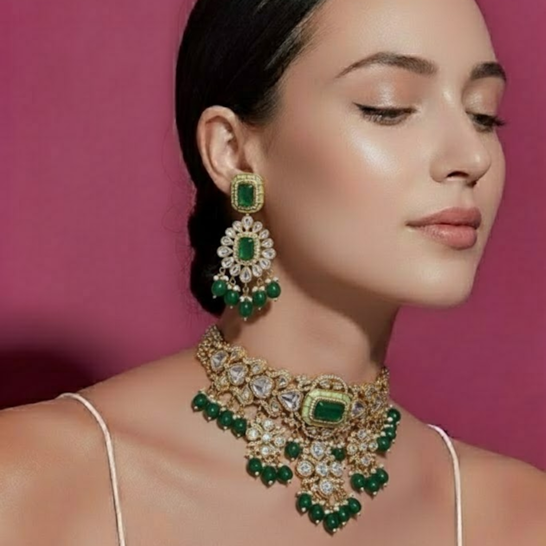 "Gold-plated kundan choker necklace set with green beads and matching earrings – traditional Indian jewelry for women"