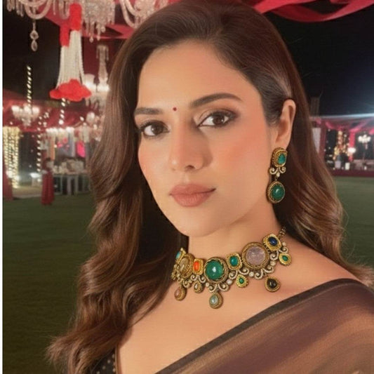 Multicolor Gemstone Statement Necklace Set with Earrings - Auraa Trends
