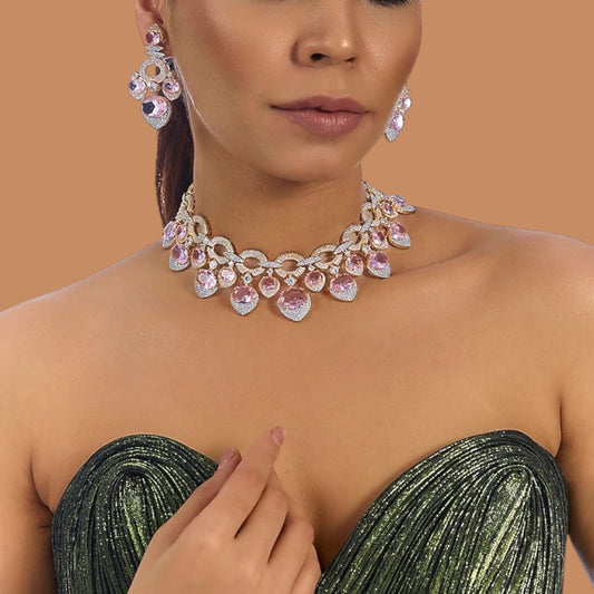 Pink CZ and Gold-Plated Stone Choker Necklace Set with Matching Earrings for Women