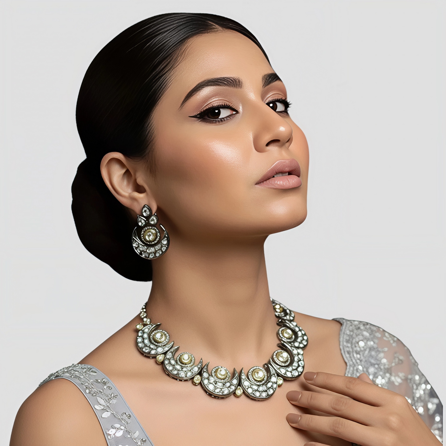Oxidised Silver Kundan Crescent Necklace Set with Earrings
