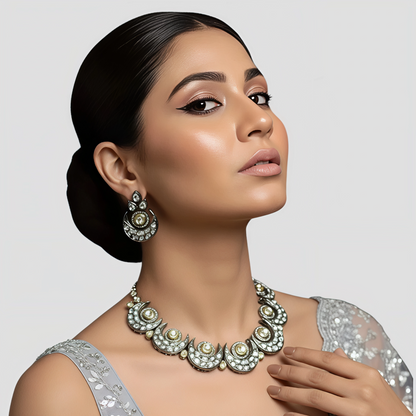 Oxidised Silver Kundan Crescent Necklace Set with Earrings