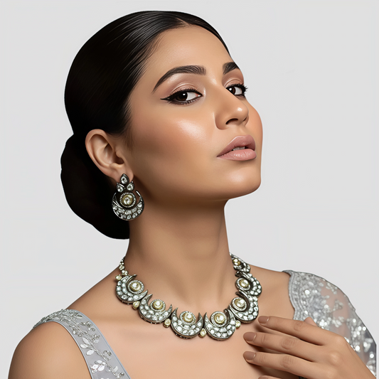 Oxidised Silver Kundan Crescent Necklace Set with Earrings