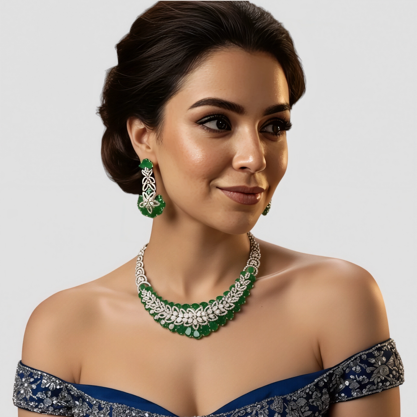 Green Stone Studded Floral Silver Polish Necklace Set with Earrings