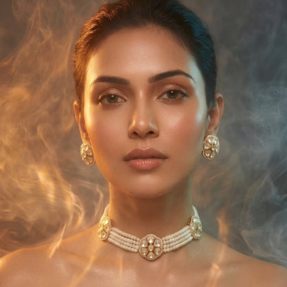 Elegant Kundan & Pearl Choker Necklace Set with Matching Stud Earrings