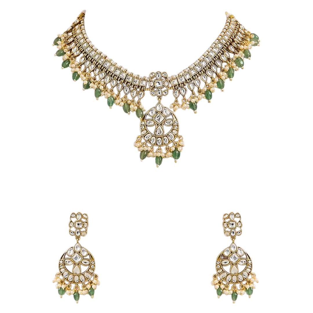 Green Kundan Necklace Set with Matching Earrings