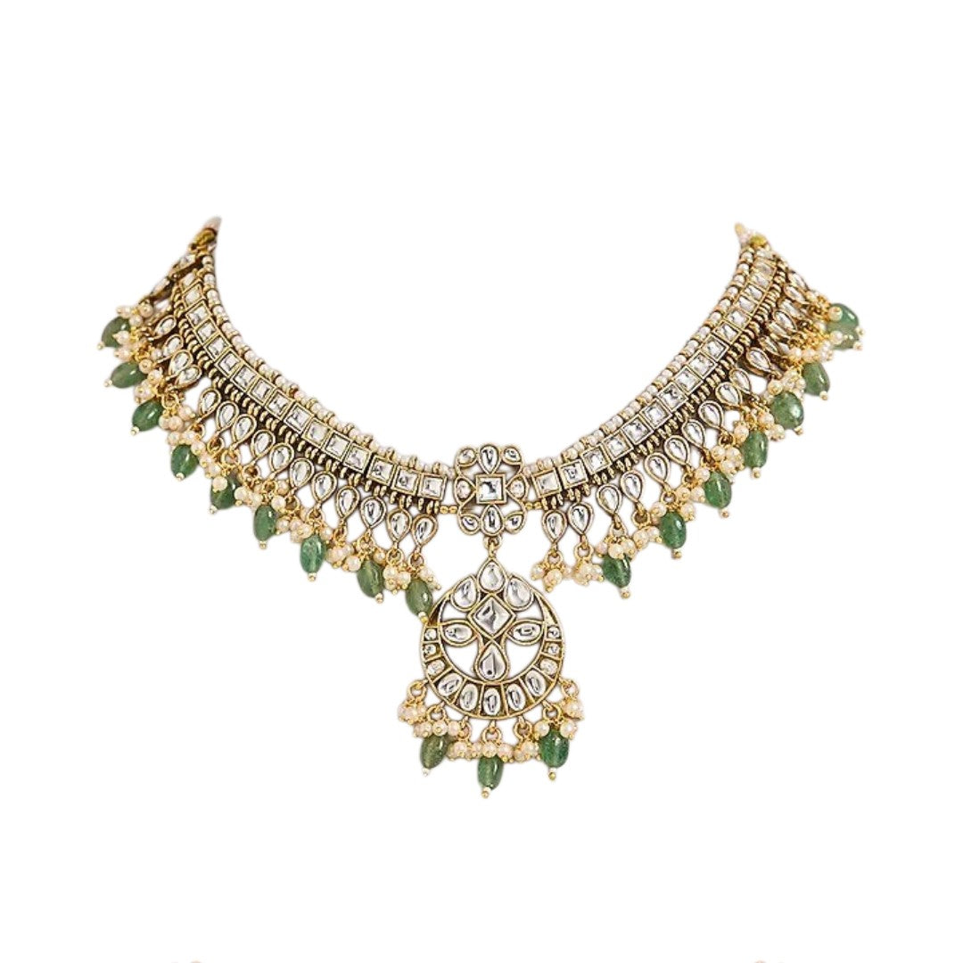 Green Kundan Necklace Set with Matching Earrings