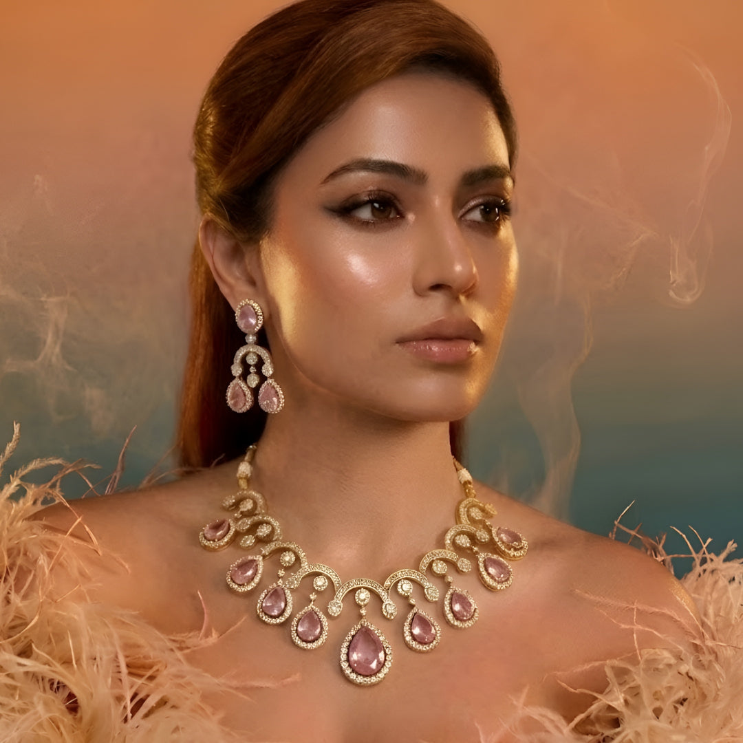 Pink Stone Kundan Necklace Set with Dangle Earrings for Women & Festive Jewelry
